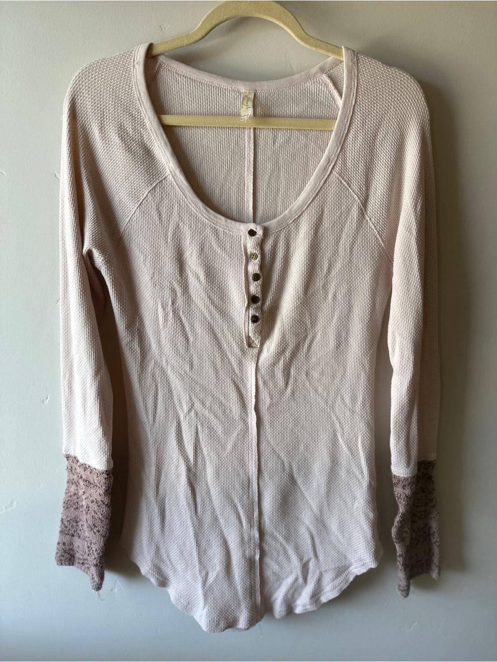 Free People Light Blush Long Sleeve Scoop Henley with Lace Cuffs